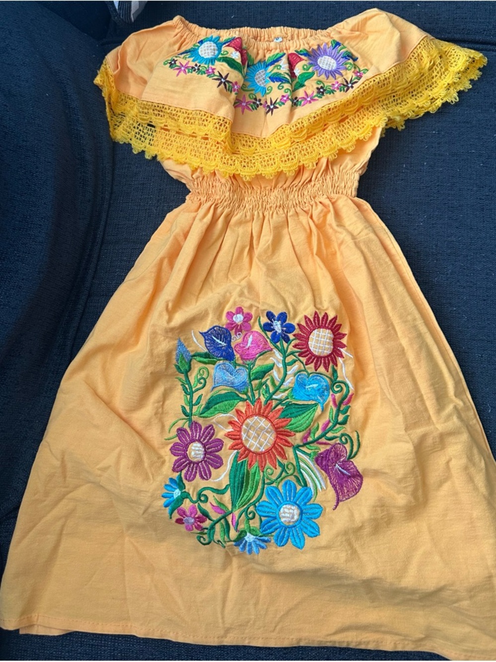 MEXICANA Yellow Girls' Embroidered Floral Off-Shoulder Dress